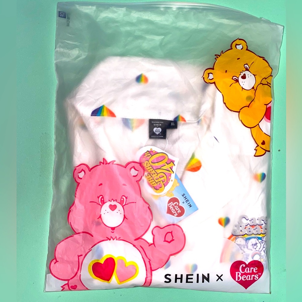NWT, LIMITED EDITION: SHEIN X Care Bears LGBT Heart & Bear Print Button Blouse